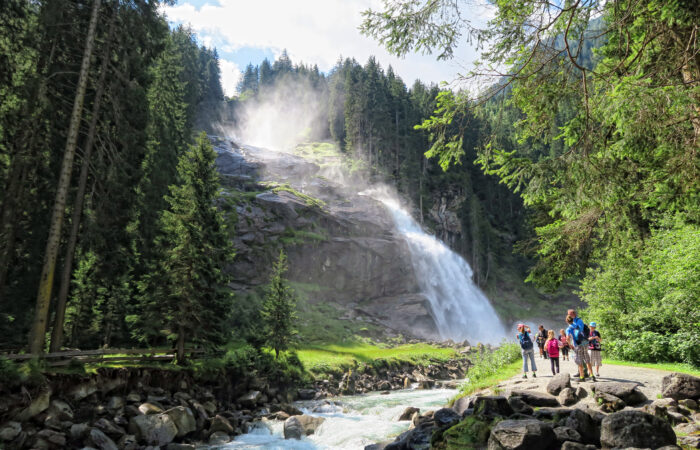 Krimml, Tirol/ AUSTRIA July 29 2016: People visiting Krimml waterfalls in high taunern national park (Austria). HDR image.
