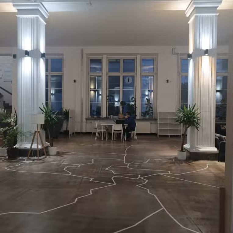 Bright interior of Baobab in Lublin, with tall white columns, indoor plants, and a map outlined across the wooden floor.