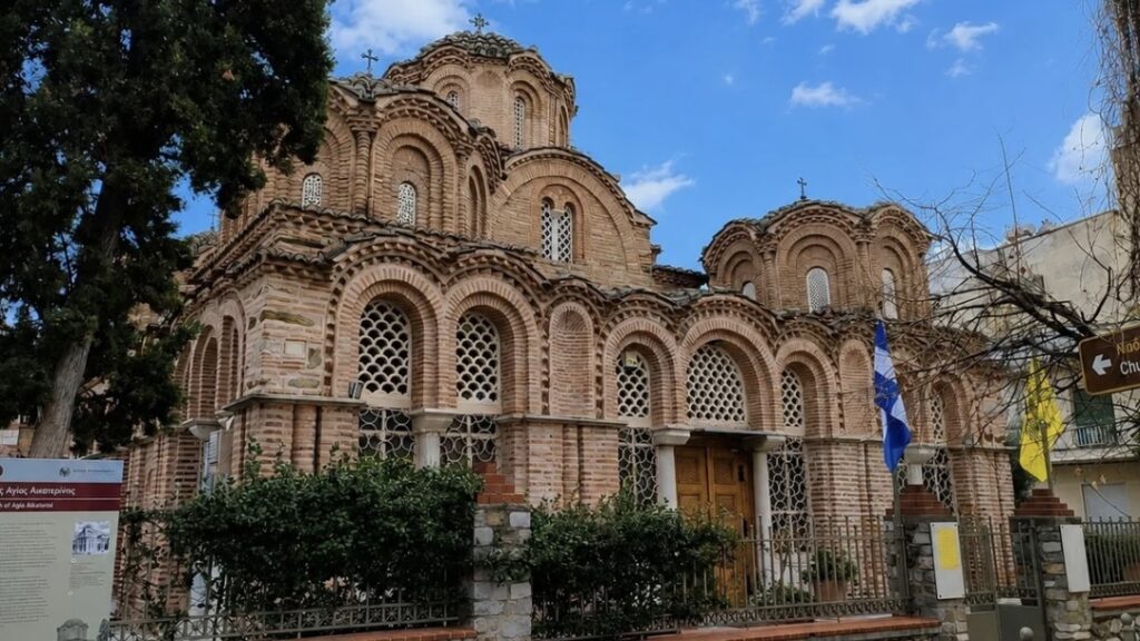 Church of St. Catherine. ©ThanasisKoukopoulos_ Church of St. Catherine in Ano Poli, Thessaloniki, with ornate Byzantine brickwork and arched windows