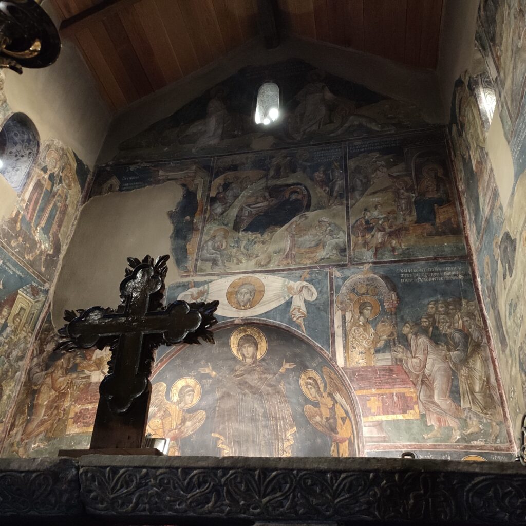 Church of St. Nicholas Orphanos. ©ThanasisKoukopoulos_(1) Byzantine fresco inside the Church of St. Nicholas Orphanos in Thessaloniki, showing religious figures and historic wall paintings.